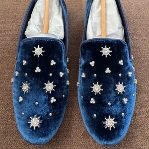 Birdies Blue Velvet Loafers with Embellishments